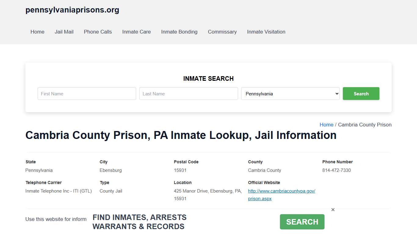 Cambria County Prison, PA - Offender Locator, Contacts, Inmate Info